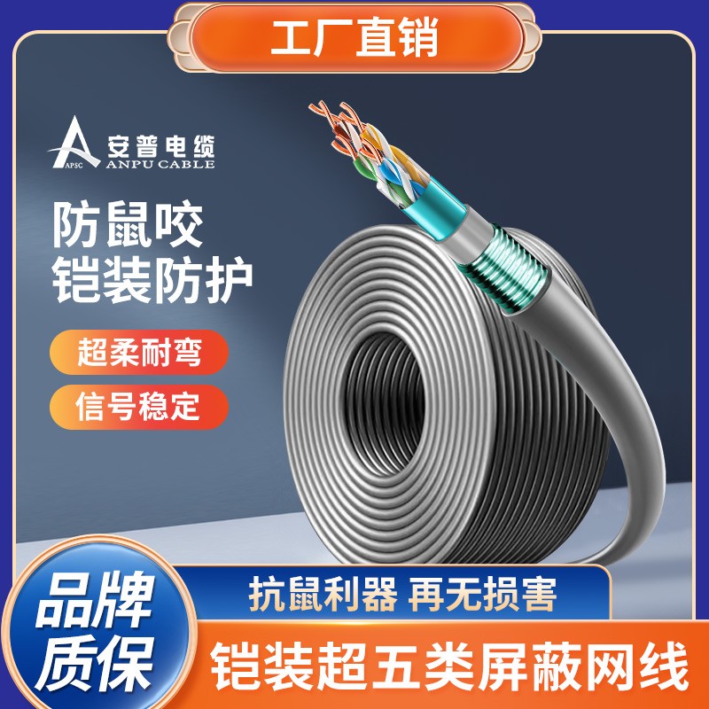 安普超五類鎧裝網線防鼠咬鋼帶防曬凍室外抗老化可地埋鎧甲網絡線